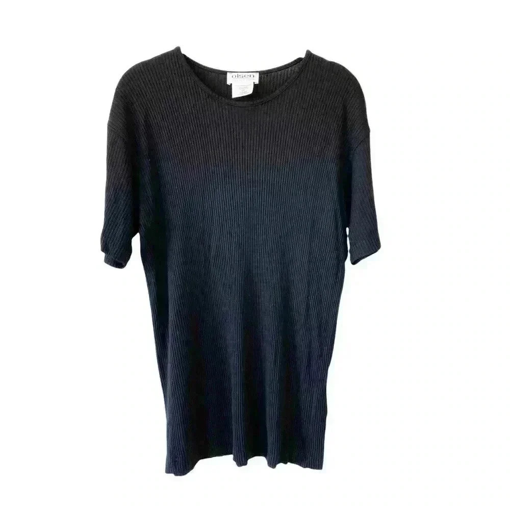 Olsen Black Ribbed Tunic Top Crewneck Half Sleeves Viscose Stretch Casual Classi